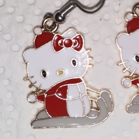 Hello Kitty Winter Holiday Dangle Earrings Red GraySled Gold Enamel Earw… - Picture 2 of 7